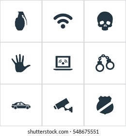 Set Of 9 Simple Offense Icons. Can Be Found Such Elements As Volunteer, Skeleton, Safety And Other.