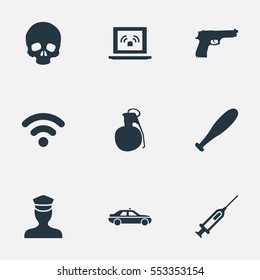 Set Of 9 Simple Offense Icons. Can Be Found Such Elements As Pistol, Sheriff, Skeleton And Other.