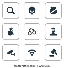 Set Of 9 Simple Offense Icons. Can Be Found Such Elements As Explosive, Hammer, Magnifier And Other.