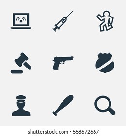 Set Of 9 Simple Offense Icons. Can Be Found Such Elements As Vaccine, Baseball Bat, Magnifier And Other.