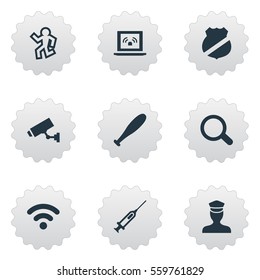 Set Of 9 Simple Offense Icons. Can Be Found Such Elements As Internet, Officer Badge, Safety And Other.