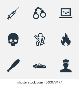 Set Of 9 Simple Offense Icons. Can Be Found Such Elements As Baseball Bat, Blaze, Grid And Other.