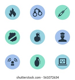 Set Of 9 Simple Offense Icons. Can Be Found Such Elements As Explode, Vaccine, Officer Badge And Other.