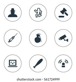 Set Of 9 Simple Offense Icons. Can Be Found Such Elements As Hammer, Baseball Bat, Dead Man And Other.