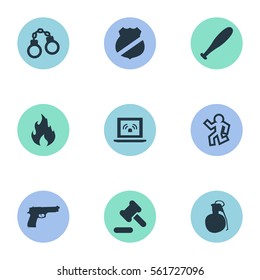 Set Of 9 Simple Offense Icons. Can Be Found Such Elements As Lock, Blaze, Baseball Bat And Other.