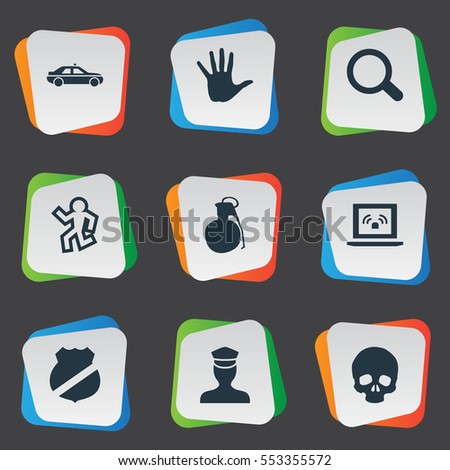 Set Of 9 Simple Offense Icons. Can Be Found Such Elements As Sheriff, Volunteer, Magnifier And Other.