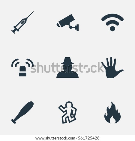 Set Of 9 Simple Offense Icons. Can Be Found Such Elements As Vaccine, Siren, Internet And Other.