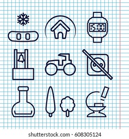 Set of 9 simple outline icons such as tractor, microscope, bottle, tree, home, wrist dial watch, bell, no plug