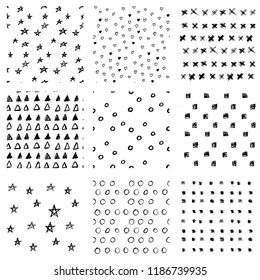 Set of 9 simple patterns, simple shapes drawn by hand. Black and white, with fine lines.