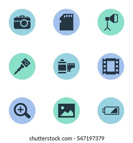 Set Of 9 Simple Photograph Icons. Can Be Found Such Elements As Flame Instrument, Film Strip, Memory Card And Other.