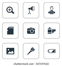Set Of 9 Simple Photograph Icons. Can Be Found Such Elements As Flame Instrument, Photo Tape, Photograph And Other.