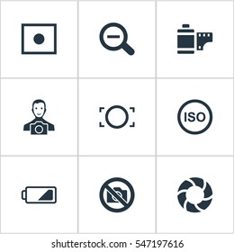 Set Of 9 Simple Photograph Icons. Can Be Found Such Elements As Rustication, Light Level, Registration And Other.