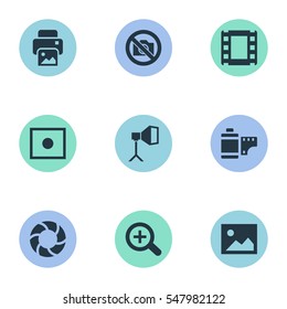 Set Of 9 Simple Photograph Icons. Can Be Found Such Elements As Registration, Lens, Flame Instrument And Other.