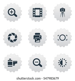 Set Of 9 Simple Photograph Icons. Can Be Found Such Elements As Film Strip, Camcorder, Rim And Other.