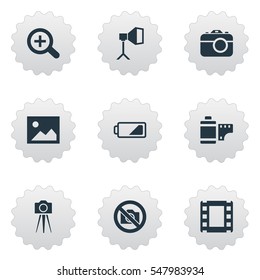 Set Of 9 Simple Photograph Icons. Can Be Found Such Elements As Camcorder, Flame Instrument, Prohibited Camera And Other.