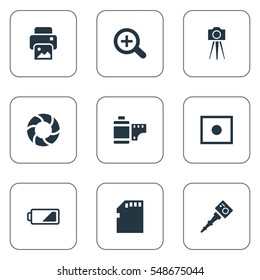 Set Of 9 Simple Photograph Icons. Can Be Found Such Elements As Magnifying, Photo Tape, Lens And Other.