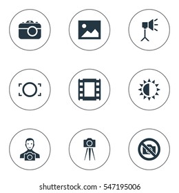 Set Of 9 Simple Photographer Icons. Can Be Found Such Elements As Photograph, Luminous Origin, Rim And Other.
