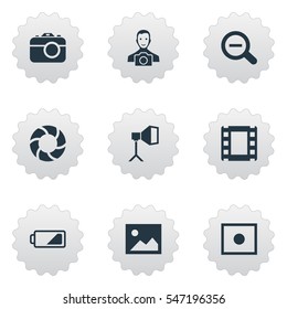 Set Of 9 Simple Photographer Icons. Can Be Found Such Elements As Flame Instrument, Apparatus Photographer, Registration And Other.