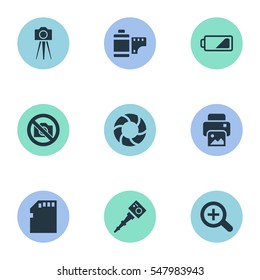Set Of 9 Simple Photographer Icons. Can Be Found Such Elements As Inkjet, Lens, Photo Tape And Other.