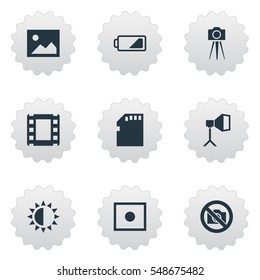 Set Of 9 Simple Photographer Icons. Can Be Found Such Elements As Flame Instrument, Photograph, Registration And Other.