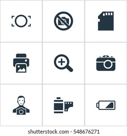 Set Of 9 Simple Photographer Icons. Can Be Found Such Elements As Inkjet, Magnifying, Photo Tape And Other.