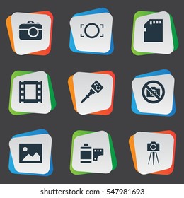 Set Of 9 Simple Photographic Icons. Can Be Found Such Elements As Photograph, Movable Camcorder, Rim And Other.