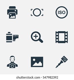 Set Of 9 Simple Photographic Icons. Can Be Found Such Elements As Photograph, Movable Camcorder, Inkjet And Other.