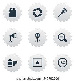 Set Of 9 Simple Photographic Icons. Can Be Found Such Elements As Movable Camcorder, Light Level, Flame Instrument And Other.