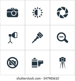 Set Of 9 Simple Photographic Icons. Can Be Found Such Elements As Flame Instrument, Apparatus Photographer, Camcorder And Other.