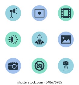 Set Of 9 Simple Photographic Icons. Can Be Found Such Elements As Cameraperson, Film Strip, Brilliance And Other.