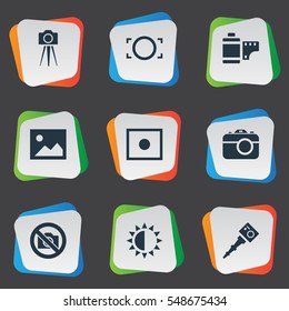 Set Of 9 Simple Photography Icons. Can Be Found Such Elements As Prohibited Camera, Rim, Photograph And Other.