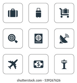 Set Of 9 Simple Plane Icons. Can Be Found Such Elements As Flight Control Tower, Certificate Of Citizenship, Baggage Cart And Other.