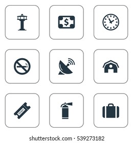 Set Of 9 Simple Plane Icons. Can Be Found Such Elements As Cigarette Forbidden, Coupon, Protection Tool And Other.