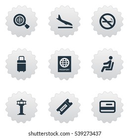 Set Of 9 Simple Plane Icons. Can Be Found Such Elements As Flight Control Tower, Alighting Plane, Travel Bag And Other.