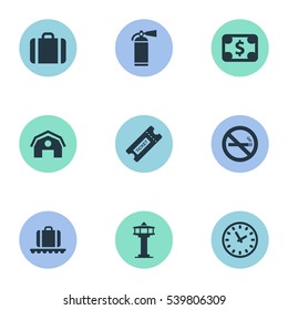 Set Of 9 Simple Plane Icons. Can Be Found Such Elements As Cigarette Forbidden, Flight Control Tower, Luggage Carousel And Other.