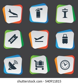 Set Of 9 Simple Plane Icons. Can Be Found Such Elements As Alighting Plane, Antenna, Coupon And Other.