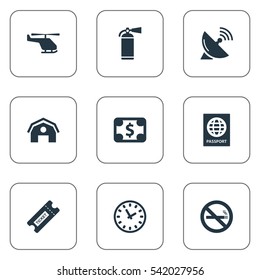 Set Of 9 Simple Plane Icons. Can Be Found Such Elements As Protection Tool, Certificate Of Citizenship, Currency And Other.