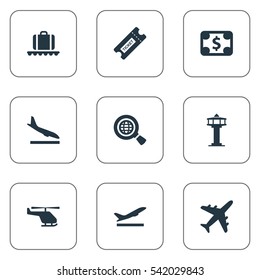 Set Of 9 Simple Plane Icons. Can Be Found Such Elements As Alighting Plane, Plane, Currency And Other.