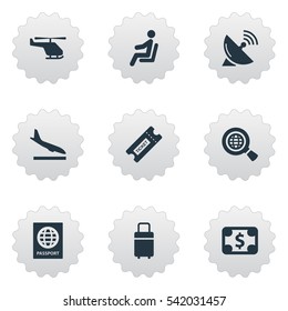 Set Of 9 Simple Plane Icons. Can Be Found Such Elements As Currency, Coupon, Air Transport And Other.