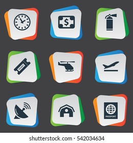 Set Of 9 Simple Plane Icons. Can Be Found Such Elements As Garage, Takeoff, Antenna And Other.