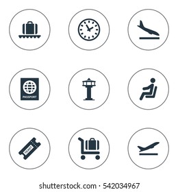 Set Of 9 Simple Plane Icons. Can Be Found Such Elements As Watch, Alighting Plane, Flight Control Tower And Other.