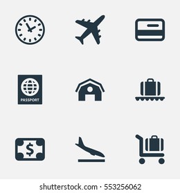 Set Of 9 Simple Plane Icons. Can Be Found Such Elements As Garage, Watch, Alighting Plane And Other.