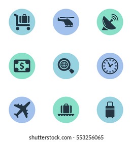 Set Of 9 Simple Plane Icons. Can Be Found Such Elements As Currency, Baggage Cart, Antenna And Other.