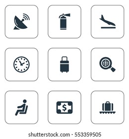 Set Of 9 Simple Plane Icons. Can Be Found Such Elements As Protection Tool, Alighting Plane, Travel Bag And Other.