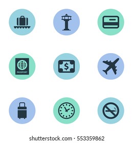 Set Of 9 Simple Plane Icons. Can Be Found Such Elements As Currency, Credit Card, Watch And Other.
