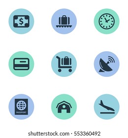 Set Of 9 Simple Plane Icons. Can Be Found Such Elements As Luggage Carousel, Currency, Garage And Other.