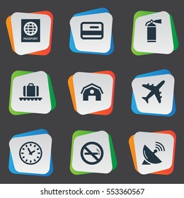 Set Of 9 Simple Plane Icons. Can Be Found Such Elements As Certificate Of Citizenship, Antenna, Protection Tool And Other.