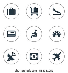 Set Of 9 Simple Plane Icons. Can Be Found Such Elements As Credit Card, Plane, Handbag.