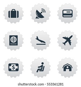 Set Of 9 Simple Plane Icons. Can Be Found Such Elements As Seat, Certificate Of Citizenship, Handbag.