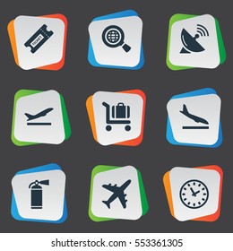 Set Of 9 Simple Plane Icons. Can Be Found Such Elements As Alighting Plane, Antenna, Global Research And Other.